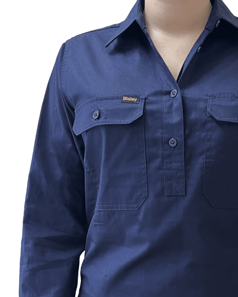 Womens Closed Front Lightweight LS Drill Shirt - Navy