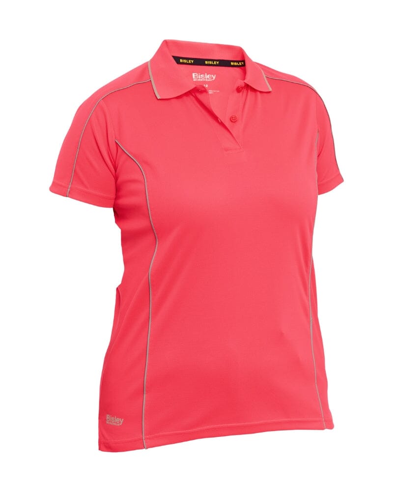 Womens Cool Mesh Polo Shirt With Reflective Piping - Hi Vis Pink