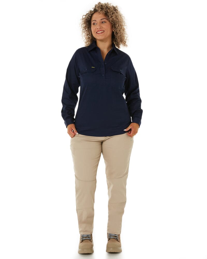 Womens Closed Front Lightweight LS Drill Shirt - Navy