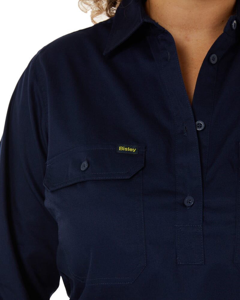 Womens Closed Front Lightweight LS Drill Shirt - Navy