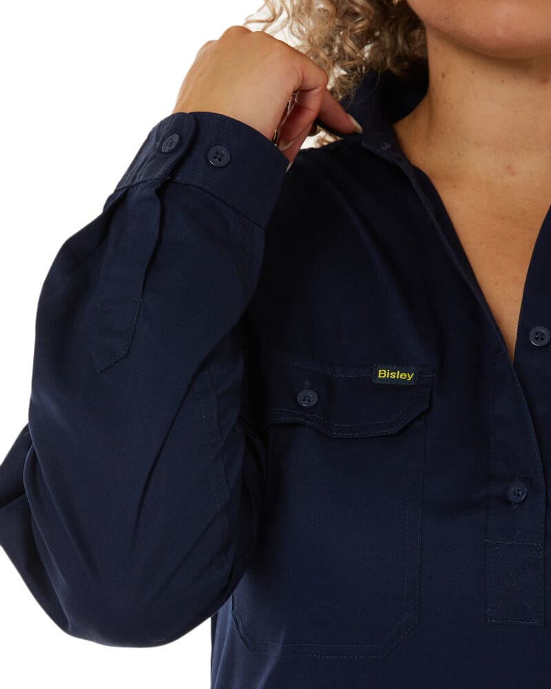 Womens Closed Front Lightweight LS Drill Shirt - Navy