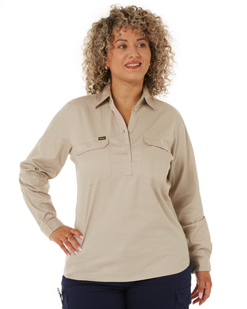 Womens Closed Front Lightweight LS Drill Shirt - Sand