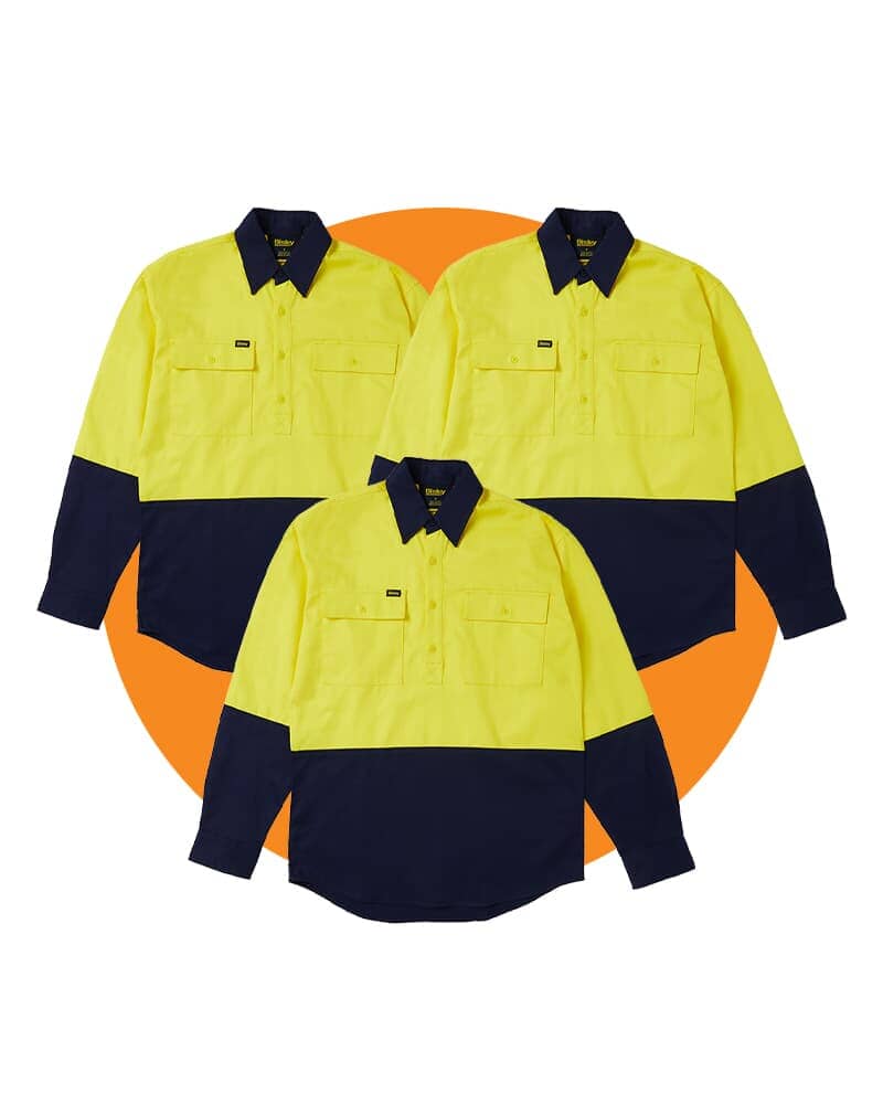 Tradies Hi Vis Closed Front LS Shirt Value Pack - Yellow/Navy