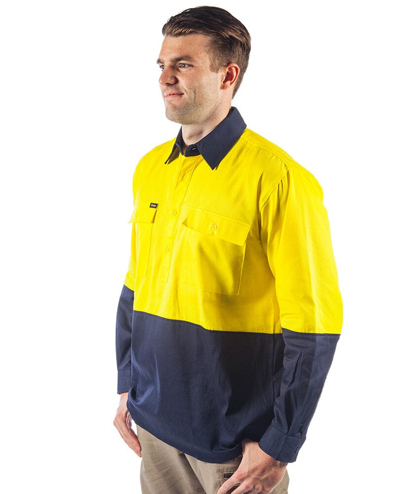 Tradies Hi Vis Closed Front LS Shirt Value Pack - Yellow/Navy