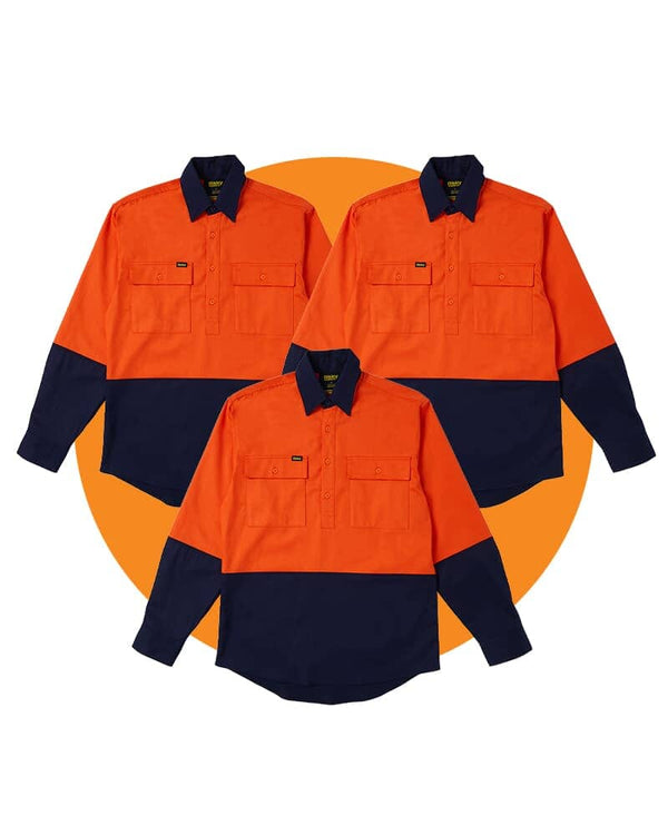 Tradies Hi Vis Closed Front LS Shirt Value Pack - Orange/Navy