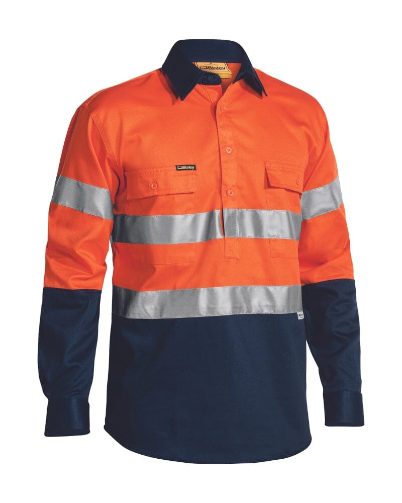 Taped Hi Vis Closed Front LS Drill Shirt * - Orange/Navy