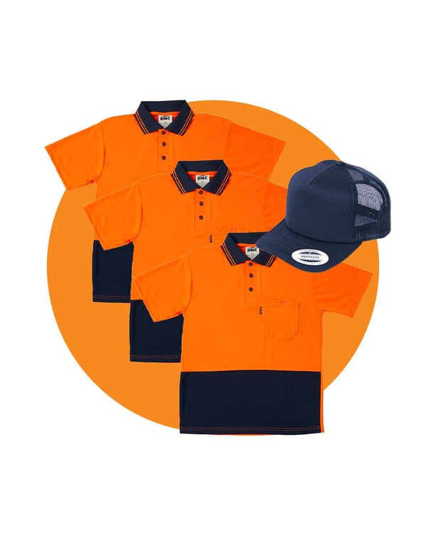 Tradies Hi Vis Cool Breathe Polo Shirt Value Pack - Orange/Navy