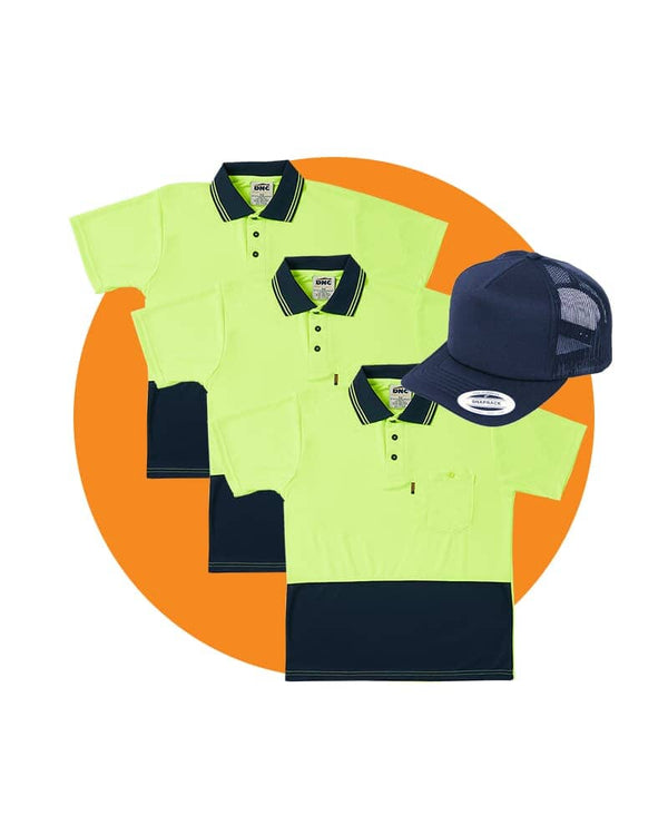 Tradies Hi Vis Cool Breathe Polo Shirt Value Pack - Yellow/Navy