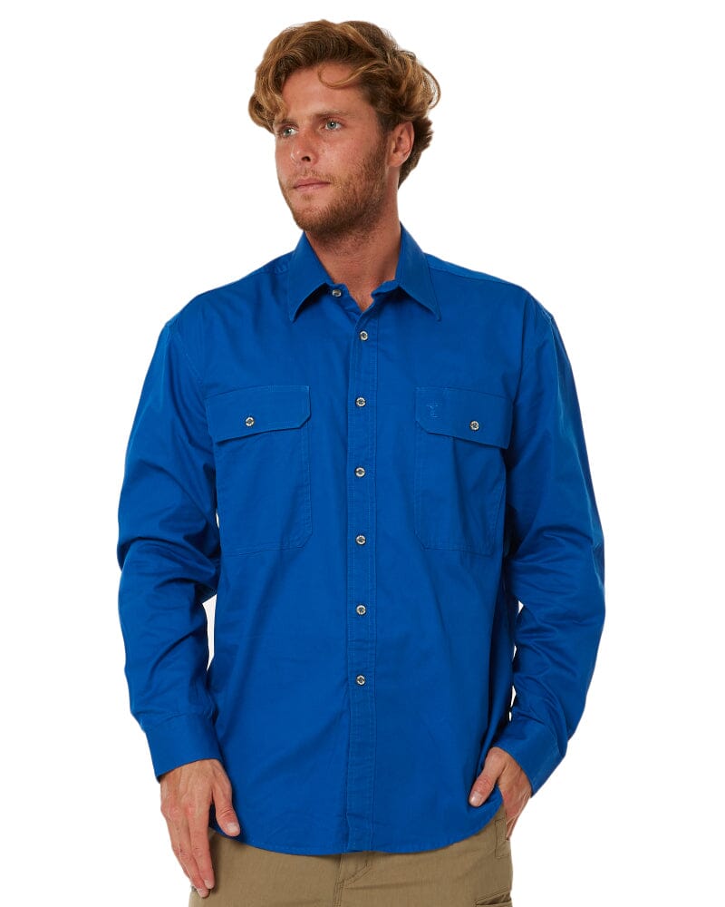 Open Front Cotton Twill LS Shirt - Cobalt