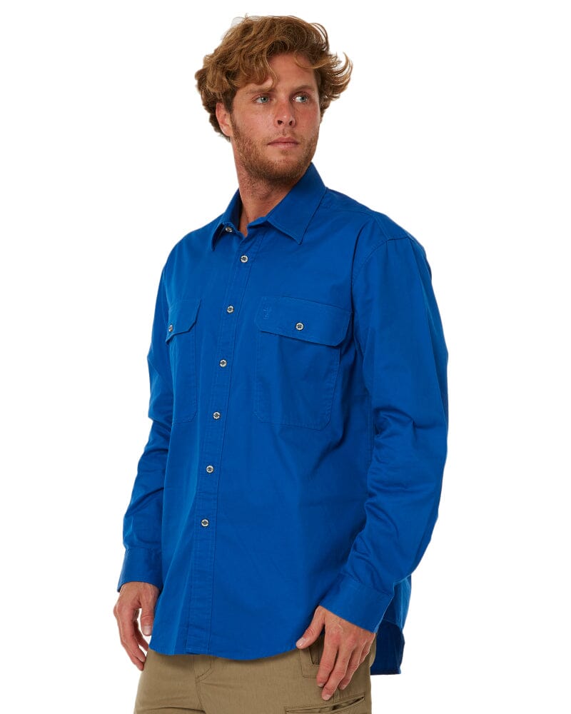 Open Front Cotton Twill LS Shirt - Cobalt