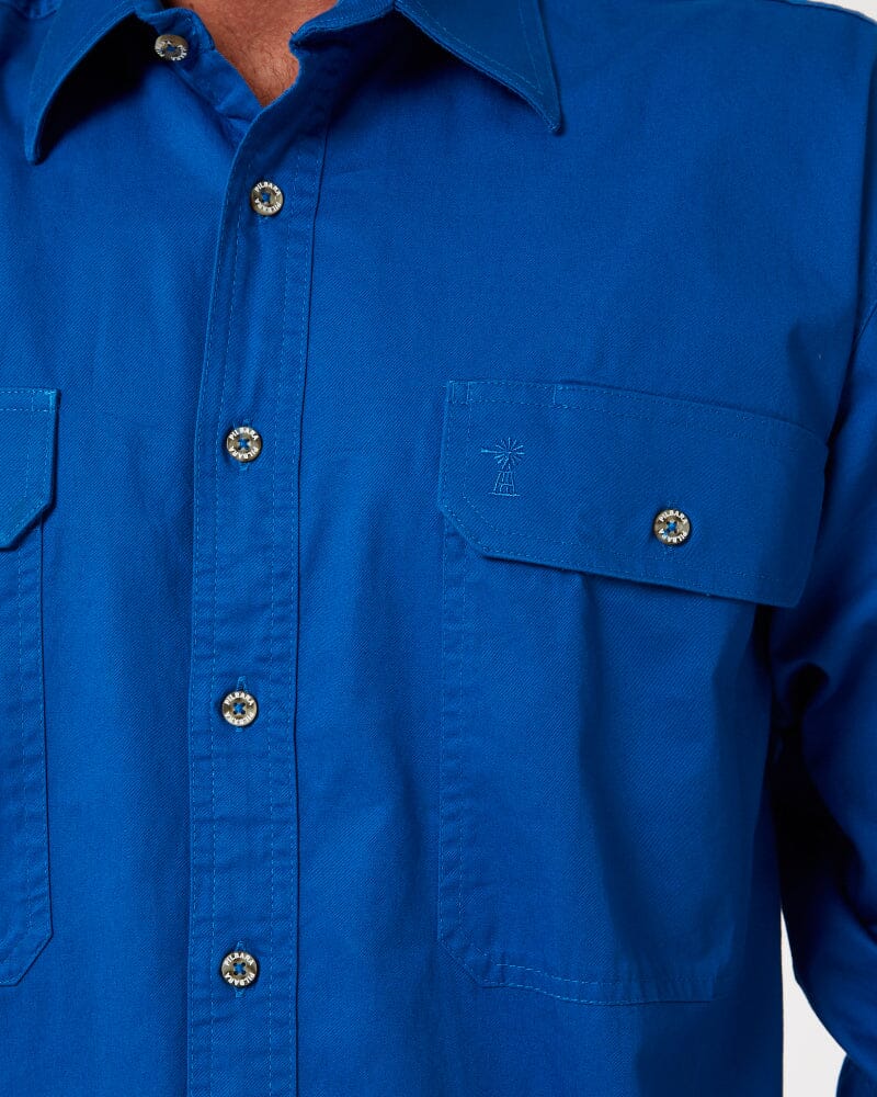 Open Front Cotton Twill LS Shirt - Cobalt