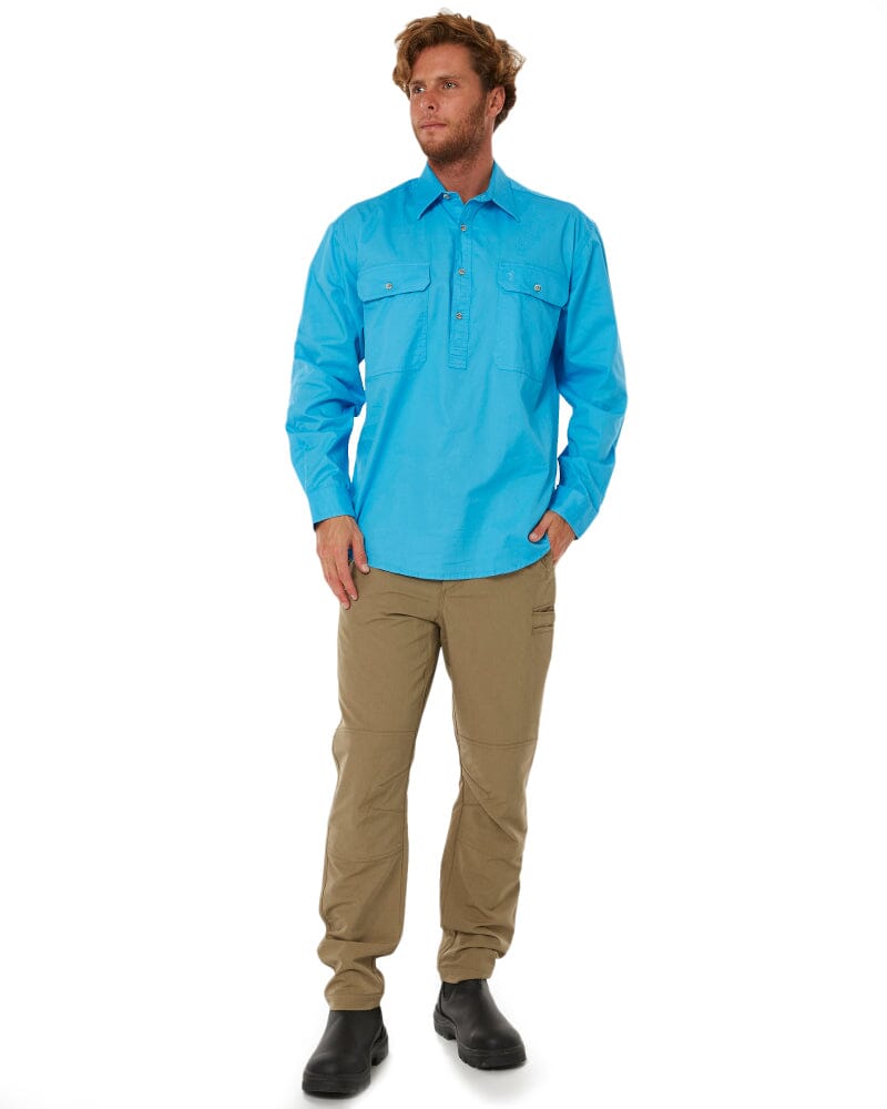 Closed Front Cotton Twill Shirt LS - Cornflower