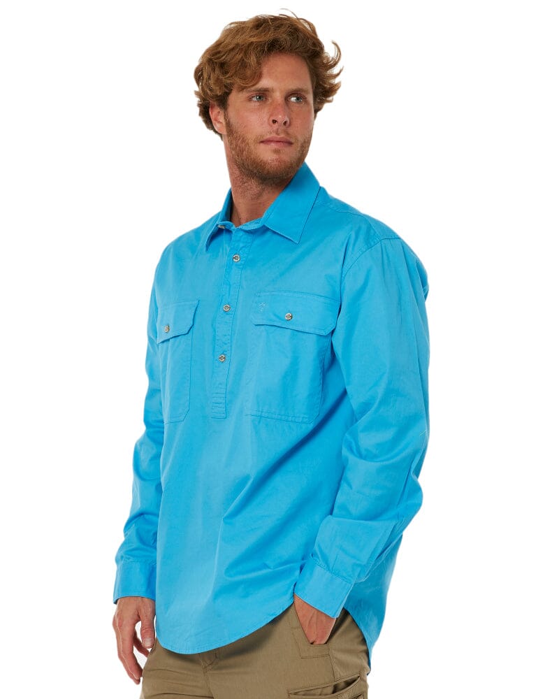 Closed Front Cotton Twill Shirt LS - Cornflower