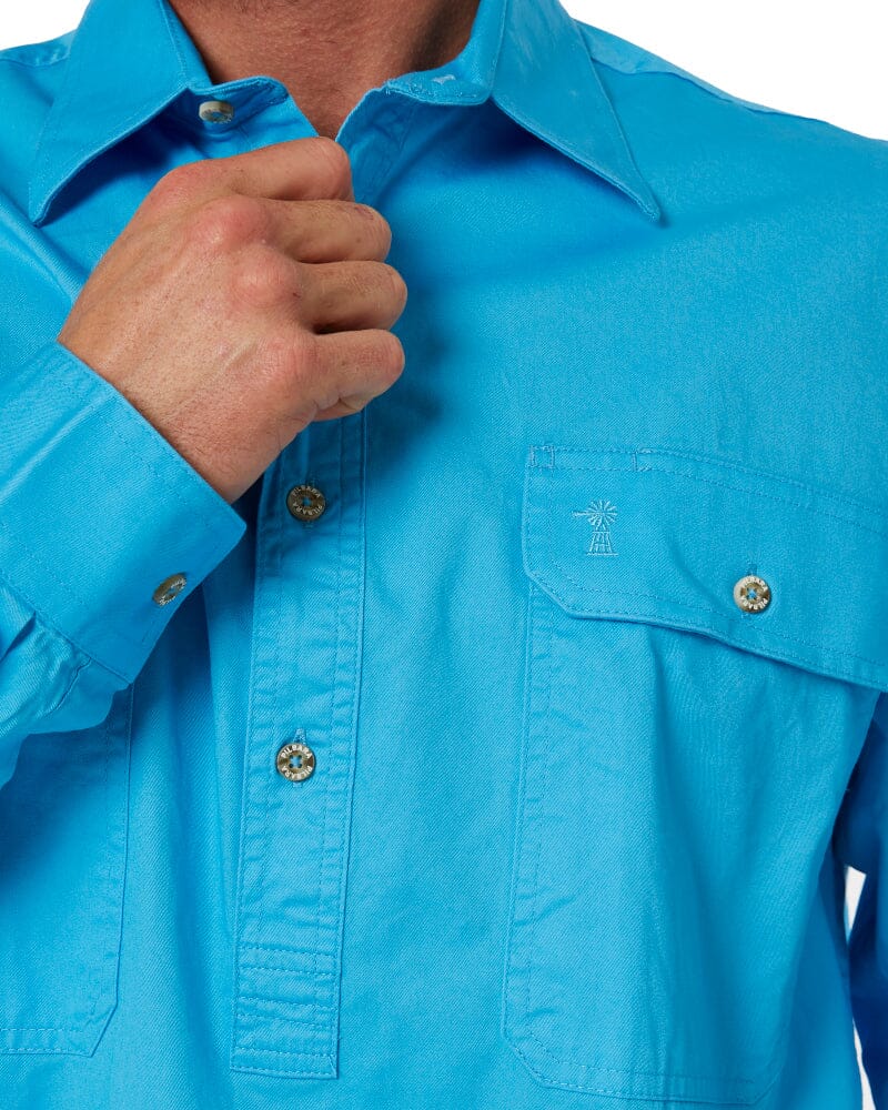 Closed Front Cotton Twill Shirt LS - Cornflower