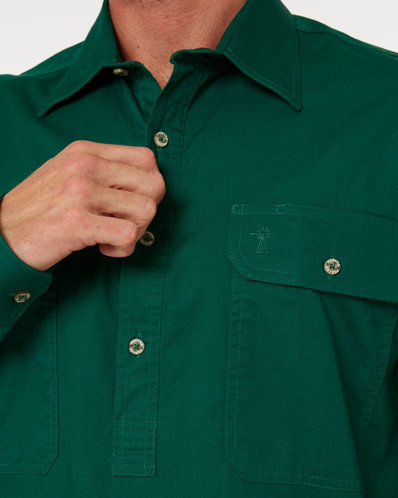 Closed Front Cotton Twill Shirt LS - Green