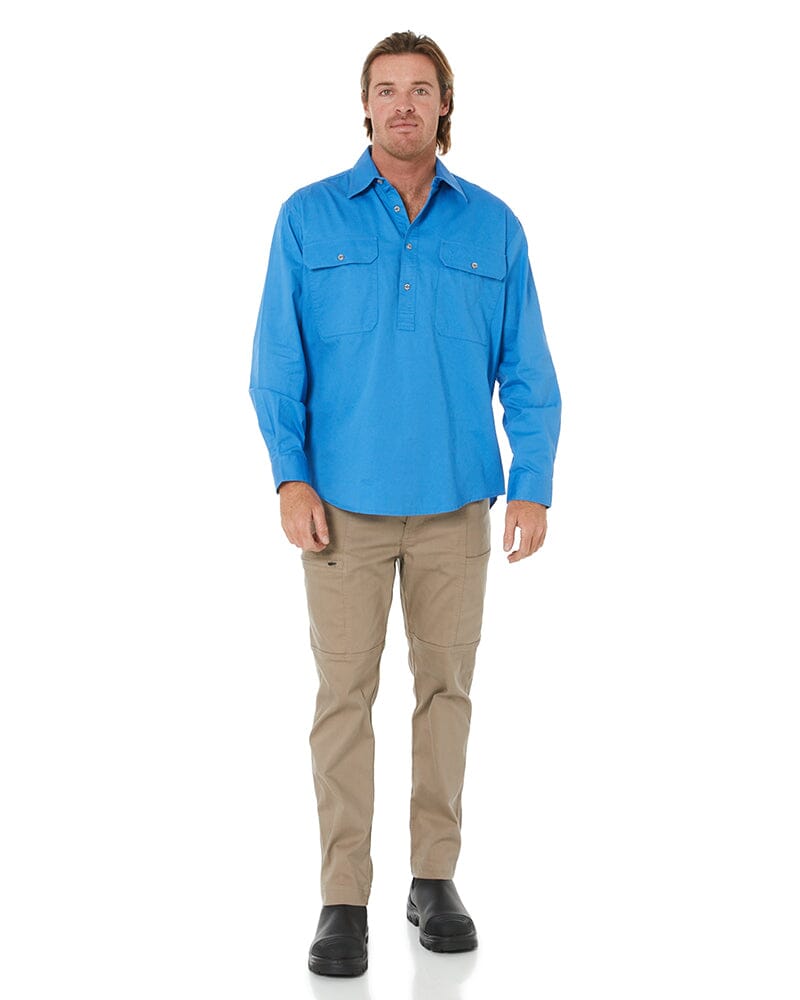 Pilbara Closed Front Cotton Twill Shirt LS - Light Blue