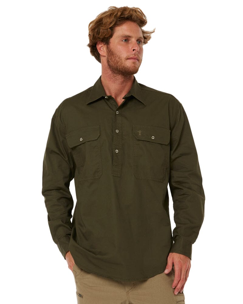 Closed Front Cotton Twill Shirt LS - Olive