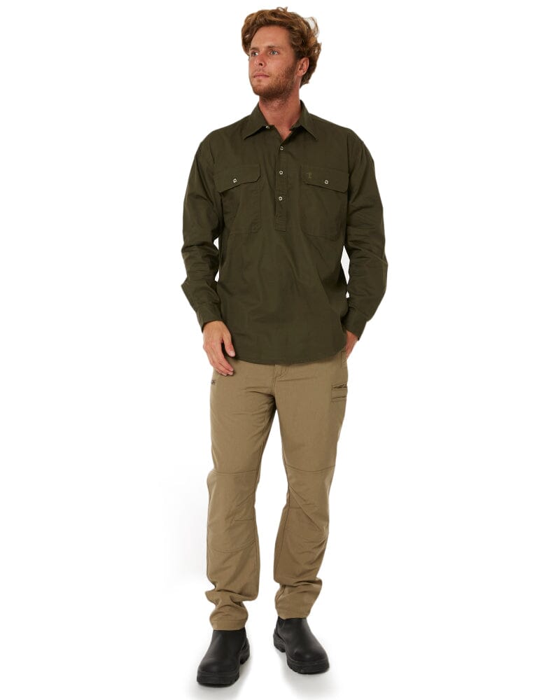 Closed Front Cotton Twill Shirt LS - Olive