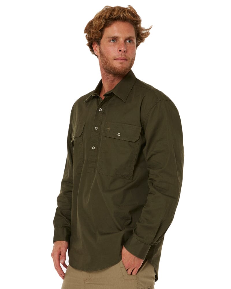 Closed Front Cotton Twill Shirt LS - Olive