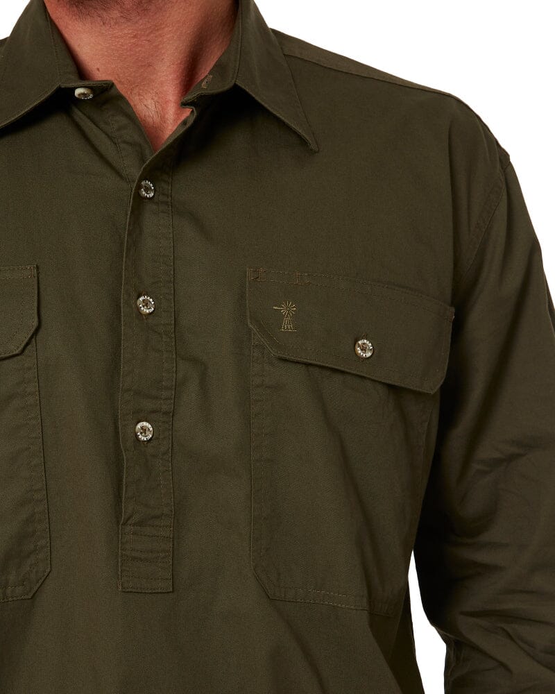 Closed Front Cotton Twill Shirt LS - Olive