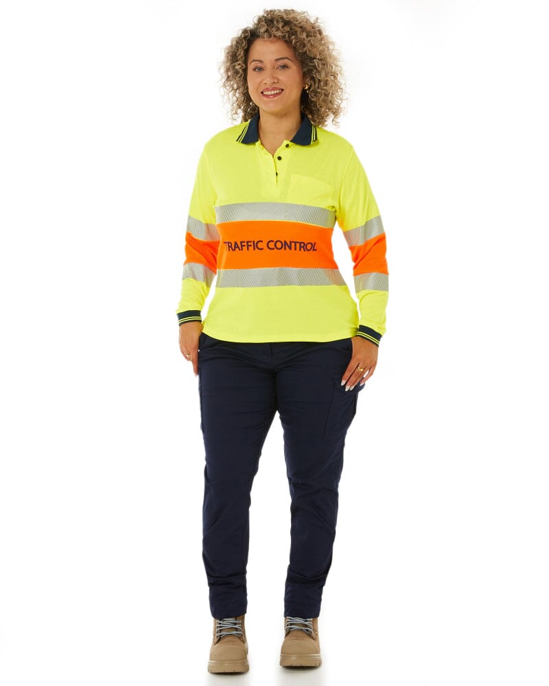 Womens Traffic Control LS Taped Polo Shirt - Orange