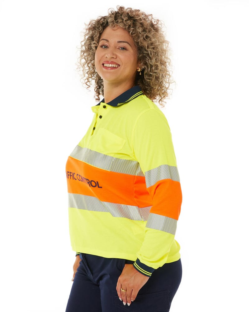 Womens Traffic Control LS Taped Polo Shirt - Orange