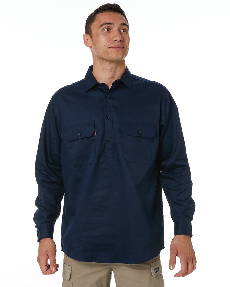 DNC Closed Front Cotton Drill Shirt Long Sleeve - Navy | Buy Online