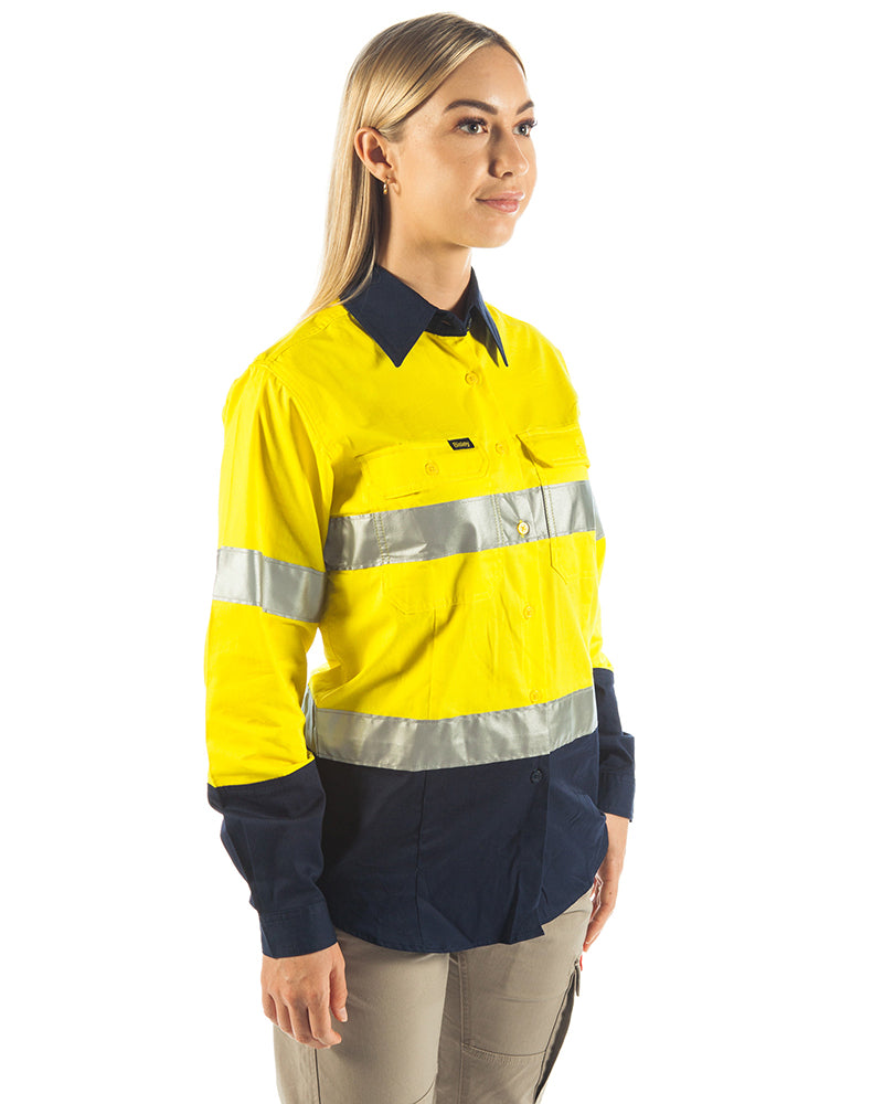 Bisley 3M Taped Hi Vis Cool Lightweight LS Shirt - Yellow/Navy | Buy Online