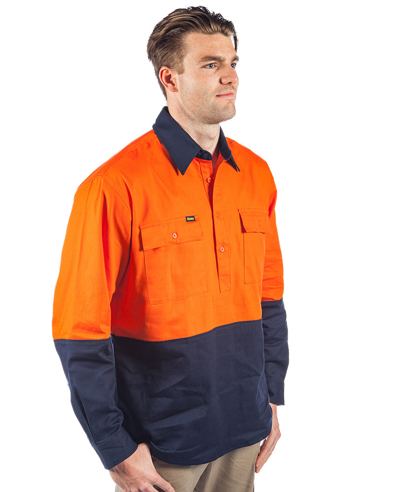 Bisley Hi Vis Closed Front LS Shirt - Orange/Navy | Buy Online